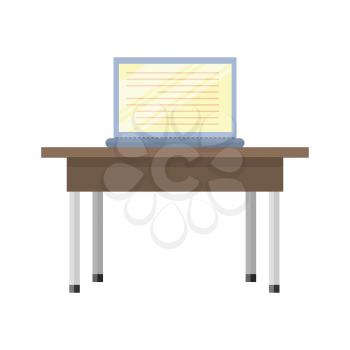 Wooden table with open laptop on him. Illustration of a classical brown wooden table with steel legs. Wooden deck table with open notebook. Isolated vector illustration on white background.