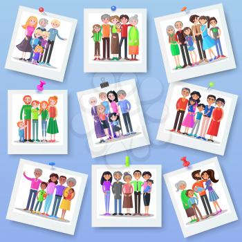 Family photography set. Happy photos of family members with different clips. Close relationships concept. Best memories on picture. Parenthood concept. Several generations. Vector illustration