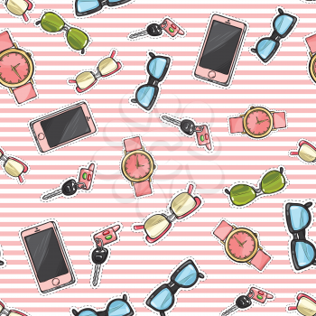 Collection of women accessories. Pink cellphones. Sunglasses with different glassworks. Watches with belts. Keys with fob. Endless texture. Seamless pattern. Striped background. Fabric. Vector
