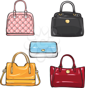 Collection of different illustrations with handbags for women. Various shape, size and colour. Pink, black, yellow, blue and red purses. Cartoon style. Fashionable things. Flat design. Vector