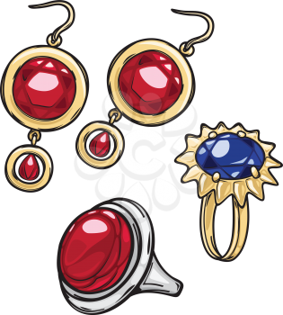 Jewelry for women. Gold earrings with red stone. Elegant earrings. Silver ring with round red rock. Gold ring with blue stone. Luxury decoration. Glamour. Cartoon style. Flat design. Vector.