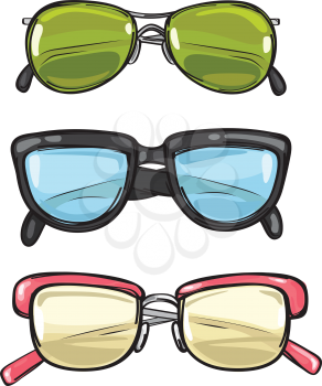 Three types of different sun eyeglasses. Different spectacles. Round, rectangular shape. Green, blue, pink colour. Fashionable things for women. Cartoon design. Stylish objects. Flat style Vector