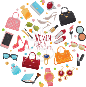 Patch of fashion accessories. Woman items and accessories. Collection of bags, shoes, high heels, sun glasses, phones, car keys, watch and cosmetics in circle. Cartoon style. Flat design. Vector