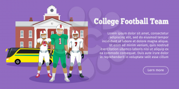 Colleage football team. High school american football. Football players with ball in hands in white and gree uniform. Sport team game. Cartoon icons of football players. Vector