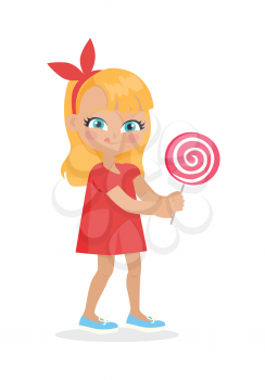 Girl with long hair and red bow on head suck candy. Nice female person with blue eyes. Big lollipop. Cartoon style. Happy chilldhood concept. Kindergarten character. Flat design. Vector illustration