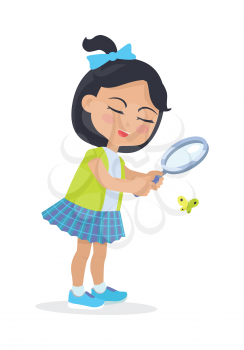 Girl looking at butterfly through magnifying glass. Teenager wearing blue skirt and shoes, green vest. Bright fly. Child with closed eyes and bow on head. Cartoon style. Kindergarten character. Vector