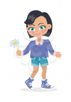 Smiling girl with black bob haircut with dark forelock. Nice female person with chamomile flower. Green eyes. Cartoon style. Kindergarten concept. Spring beauty. Flat design. Vector illustration