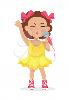 Singing girl with brown wavy hair and two bows on head. Little singer. Nice female person sing with closed eyes. Simple cartoon style. Young singer avatar user pic. Flat design. Vector illustration