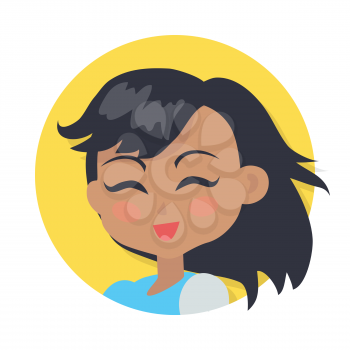 Smiling girl with black long hair avatar userpic. Lady teenager. Dark forelock. Red lips. Portrait of nice female person in blue blouse. Closed eyes. Cartoon style. Flat design. Vector illustration