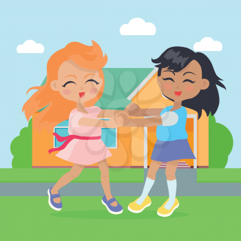 Girls singing and dancing in ring near cottage house. Adorable little girls have leisure time. School girls during break. Young ladies at playing playground in flat style. Daily activity. Vector