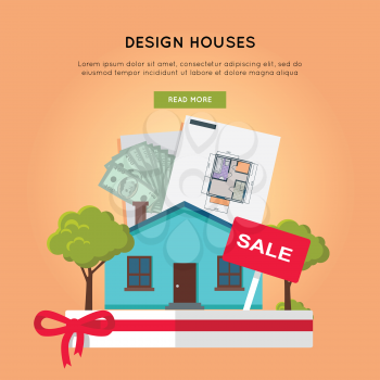 Design houses vector  web banner in flat design. Designing, buying and selling a new place for living.  Illustration for real estate, building, engineering company web page design, advertising
