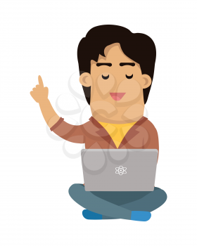 Programmer working on laptop. Cartoon man character seating in lotus pose with computer on his knees flat vector illustration isolated on white background. Online communication. Learning in Internet