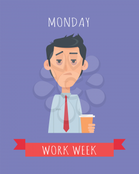Work week emotive concept. Sleepy and tired brunet man in shirt and tie with coffee flat vector illustration. Monday awful mood. Office worker weekly efficiency calendar. Monday morning syndrome