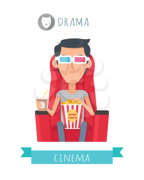Drama film concept. Crying moved man seating on comfortable chair with drink and popcorn in cinema isolated flat vector. Cinemaddict on film premiere. Entertainment on 3D attraction. For movie promo