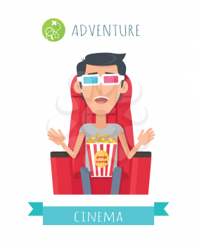 Adventure film concept. Excited man seating in comfortable chair with popcorn in cinema flat vector isolated on white. Cinemaddict on film premiere. Entertainment on 3D attraction. For movie promotion