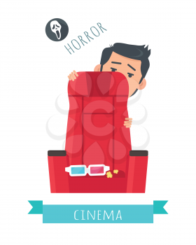 Horror film concept. Frightened man hiding behind chair in cinema flat vector illustration isolated on white background. Cinemaddict on film premiere. Entertainment on 3D attraction. For movie promo  