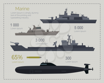 Naval ships infographics. Cruiser, landing and coast guard ships, submarine flat vector illustrations. Military vessel with weapon systems. Army power and armament strength concept. Marine forces type