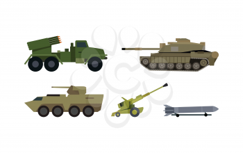 Modern armament types icons. Reactive artillery base mount on truck, tank, armored personnel carrier, howitzer cannon, ballistic missile flat vector illustrations isolated on white. Military machinery