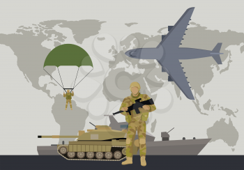 Different types of armed forces. Soldier in ammunition with gun, tank, warship, paratrooper, bomber flat vector illustrations on world map background. For warfare concept, military service contract ad