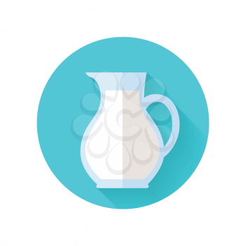 Glass jug with milk. Milk container. Farm food. Milk icon. Retail store element. Simple drawing in flat style. Isolated vector illustration on white background.
