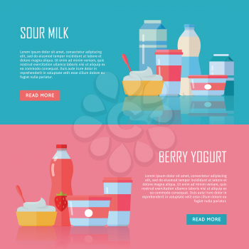 Sour milk and berry yogurt conceptual banners. Set of traditional dairy products as cream and yogurt. For farm, grocery store, cafe, diet and food delivery services apps, prints, logos, web design