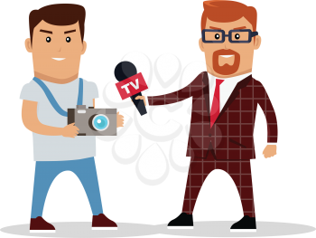 Media workers character vector. Flat style design. TV journalist, photographer, reporter illustration. Live broadcast, breaking news concept. Journalistic profession. Isolated on white background.