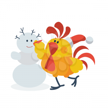Rooster sculpts snowman. Cock in Santa hat touches carrot nose to snowman isolated flat vector. Chinese zodiac calendar character. Animal cartoon for New Year greeting card, xmas holiday invitation
