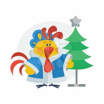 Rooster in Christmas costume near Christmas tree on stand isolated flat vector. Chinese zodiac calendar animal character. Cute rooster cartoon for New Year greeting card, Xmas holiday invitation