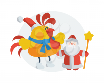 Rooster with Santa Claus. Cock in Christmas hat near Santa with scepter isolated flat vector. Chinese zodiac calendar animal cartoon characters for New Year greeting card, xmas holiday invitation