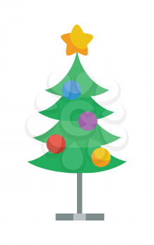 Decorated with toys and star christmas tree icon. Fir or Pine on metal stand cartoon flat vector isolated on white. Celebrating Merry Christmas, Happy New Year. For Christmas greeting card, invitation