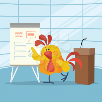 Rooster builds business plans. Cock cartoon character points on flip chart with graphs on stage flat vector. Plans for next year concept. Chinese zodiac calendar animal character. Strategy in new year