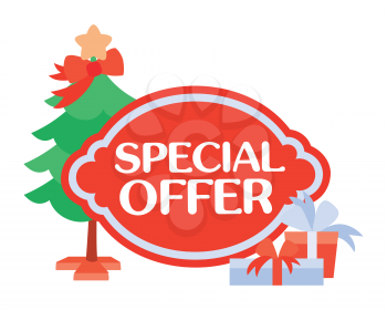 Special offer sticker for Christmas sale. Bright red tag with christmas tree and gifts flat vector illustration isolated on white background. For stores traditional winter seasonal discounts promo 