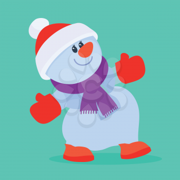 Funny cartoon snowman icon. Cute dancing snowman character isolated flat vector illustration. Celebrating Merry Christmas and Happy New Year concept. For Christmas greeting card, holiday invitations
