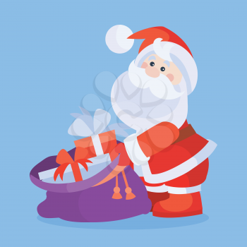 Santa Claus with sack full of gifts cartoon flat vector icon. Christmas presents from Santa. Celebrating Merry Christmas and Happy New Year concept. For Christmas greeting card, holiday invitations