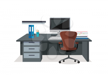 Workplace conceptual vector web banner. Flat style. Office room with armchair, computer monitor on the desk, rack with documents. Comfortable place for work modern business apartments design