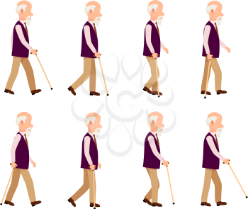 Collection of icons with old man. Walking retired male with stick. Pictures with different movements, actions. Violet vest, light trousers. Cartoon style. Elderly man in motion. Flat design. Vector
