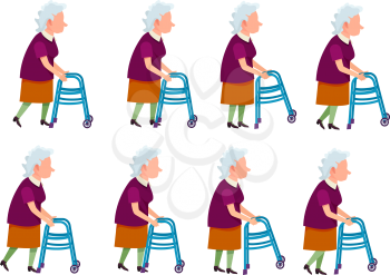 Collection of icons with old woman. Retired female with rolling walker. Pictures with different movements. Violet vest, light skirt. Cartoon style. Elderly man in motion. For cartoon animation. Vector