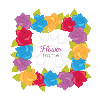Flower frame. Squar wreath of different blossoms. Leaves. Colourful selection of flowers on white. Blue purple yellow red roses. Decoration. Accessory for women. Cartoon design in flat. Vector