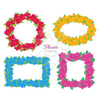 Flower Frame. Collection of wreath with different blossoms. Green leaves. Colourful selection of flowers on white. Red, blue, yellow, pink roses. Decoration. Accessory for women. Flat style. Vector