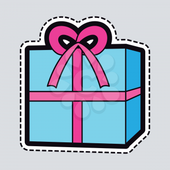 Isolated New Year blue box with pink ribbon on it. Illustration of huge xmas giftbox in simple cartoon style. Colourful big bow on top. Cut out of paper. Box patch. Flat style design. Vector