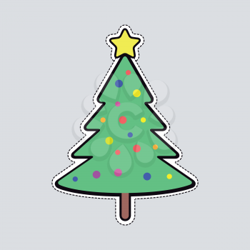 Illustration of isolated Christmas tree with colourful balls and bright yellow star on top patch. Cut out of paper. Evergreen tree on wooden stem. Xmas toy in simple cartoon design. Front view. Vector
