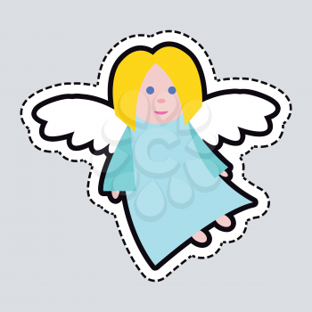 New Year big angel patch isolated illustration. Light blue long dress. Fair hair and blue eyes. Small flying girl. White straightened wings. Simple cartoon style. Flat design. Front view. Vector