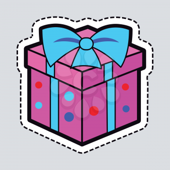 Isolated New Year pink box with blue ribbon on it. Illustration of gift box with point in simple cartoon style. Colourful big bow on top. Cut out of paper. Flat design. Side and front view. Vector