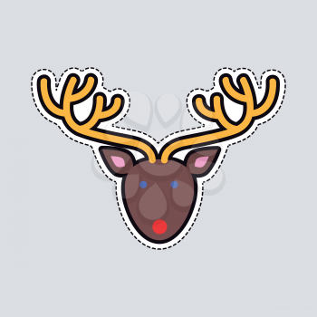 Illustration of isolated deer head. Brown oval face with blue eyes and red mouth. Yellow long ramified horns. Simple cartoon style. Cut out of paper. Flat design. New Year toy. Front view. Vector