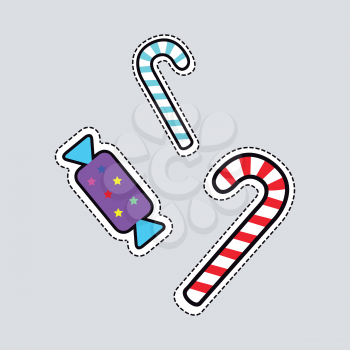 Christmas candies patch. Cut out of paper. Two sweet bent striped lollipops, blue and red. Bonbon in colourful violet wrapper with bright stars. Simple cartoon design. Side view. Flat style. Vector