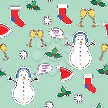 Snowman, socks, speech bubble, mistletoe, snowflakes, champagne glasses seamless pattern. Christmas elements in simple cartoon design. New Year concept. Wallpaper design endless texture. Vector