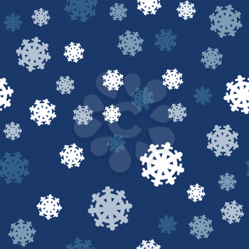 Seamless pattern snowflakes on dark blue background. Endless texture in New Year, Christmas concept. Winter Xmas theme. Realistic pattern with snowflakes, snow. Fabric textile, print material. Vector