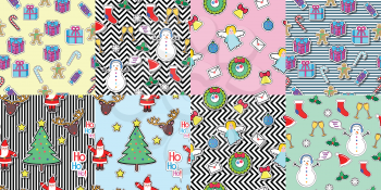 Set of seamless patterns with snowman, socks, speech bubble, mistletoe, snowflakes, glasses, gift boxes, candies, angel, wreath, santa clause, bell tree Christmas elements in cartoon style Vector