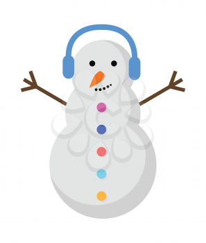 New Year snowman with blue earphones on head isolated on white. Snowman with raised hands and orange carrot nose. Colourful buttons. Flat design. Comic illustration in 80s 90s style. Vector.