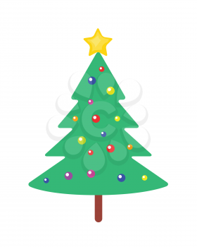 Christmas tree with colourful balls and bright yellow star on top isolated on white. Evergreen tree on wooden stem. Xmas toy in simple cartoon design. Comic illustration in 80s 90s style. Vector